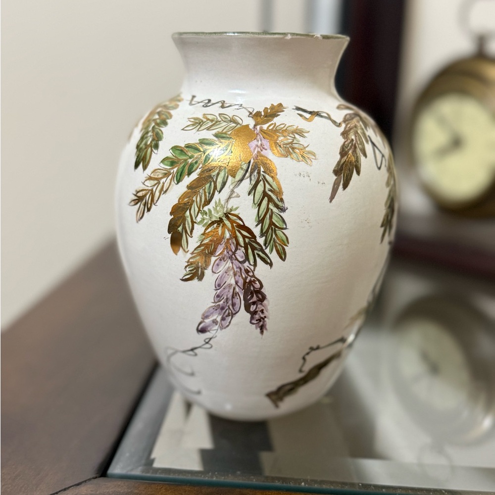 Vintage Hand-Painted Wisteria Ceramic Vase – Gold Leaf Accents – Signed "Maggie